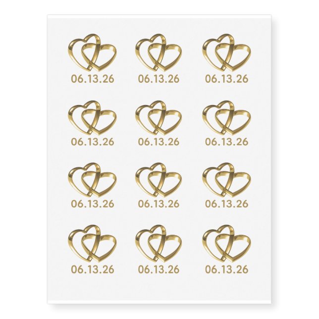 Intermingled Heart-Shaped Gold Wedding Rings Temporary Tattoos (Front)