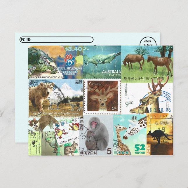 International Animal Postage Stamp Collage Postcard (Front/Back)