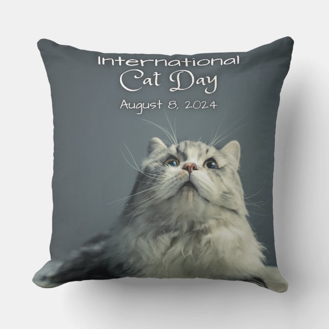 International Cat Day ,Grey Throw Pillow (Front)
