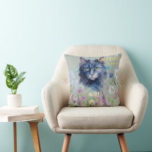 International Cat Day Watercolor Wildflower Throw Pillow