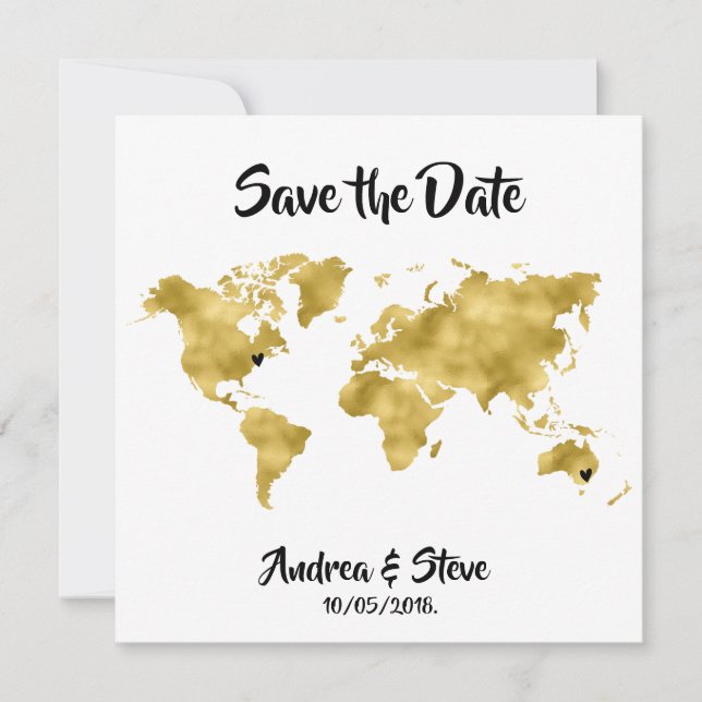 International Couples World Map removable hearts Save The Date (Front)