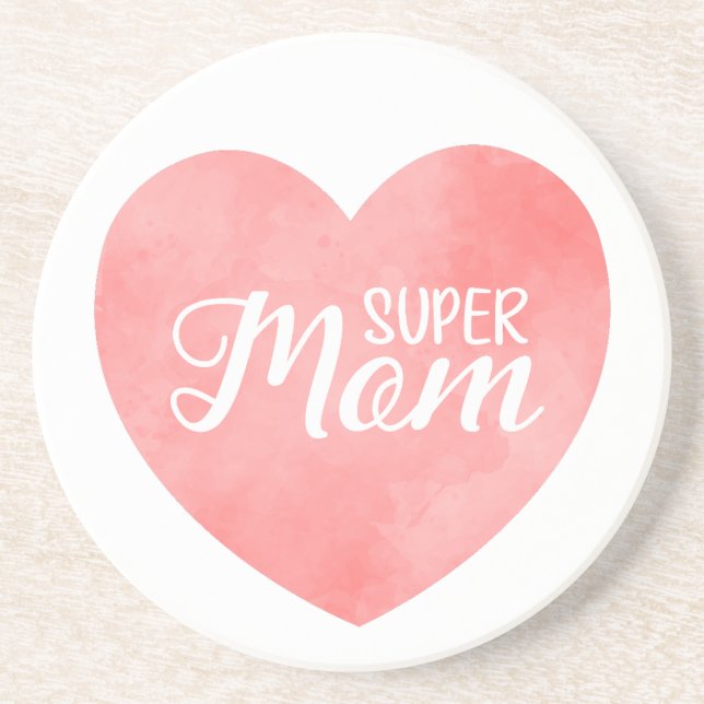 International mother's day, pink heart super mom coaster (Front)