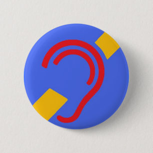 International Symbol for Deaf, Red, Yellow on Blue Pinback Button