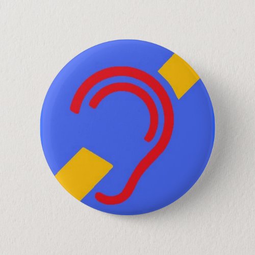 International Symbol for Deaf Red Yellow on Blue Pinback Button
