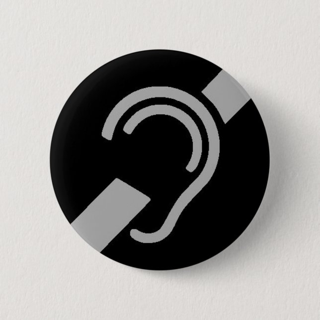 International Symbol for Deaf, Silver on Black Pinback Button (Front)