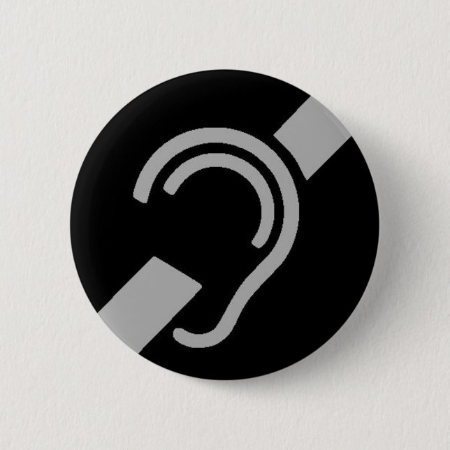 International Symbol for Deaf, Silver on Black Pinback Button (Front)