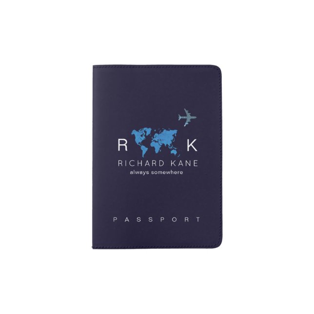 International Travel Monogrammed Dark-Blue Passport Holder (Front)