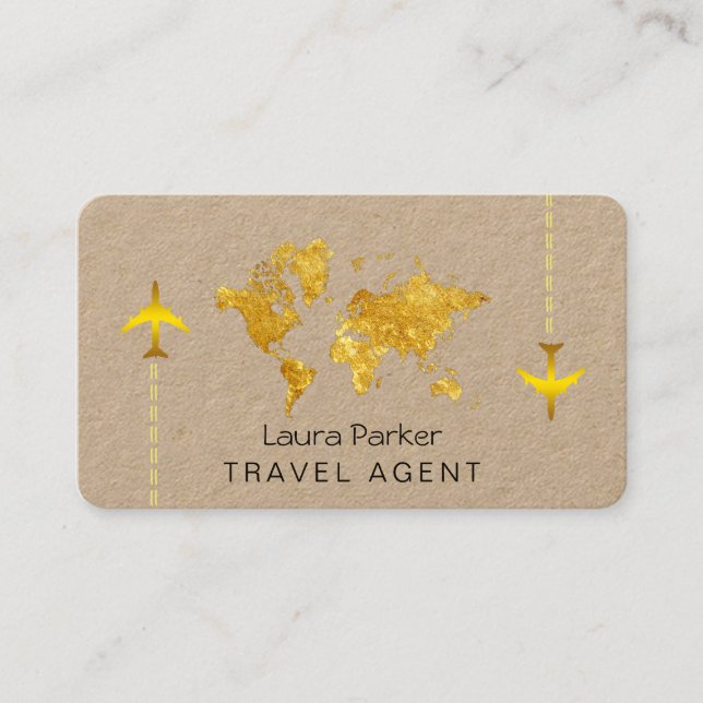 International Travel World Map Gold Glitter Business Card (Front)