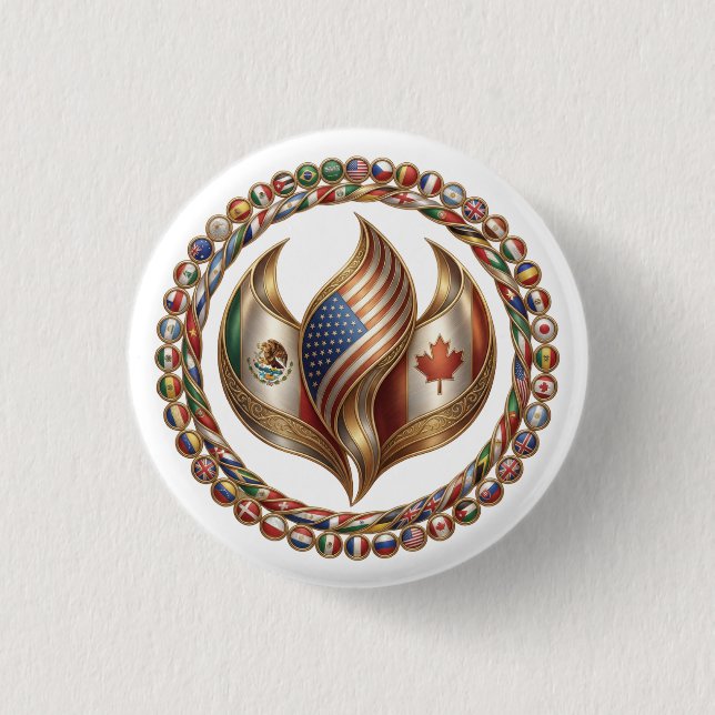 International Unity Flame with World Flags Emblem  Button (Front)