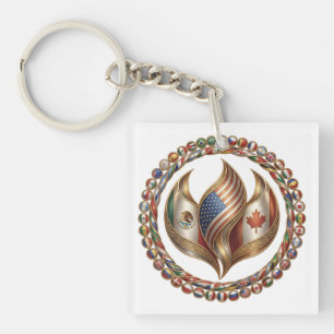 International Unity Flame with World Flags Emblem Keychain