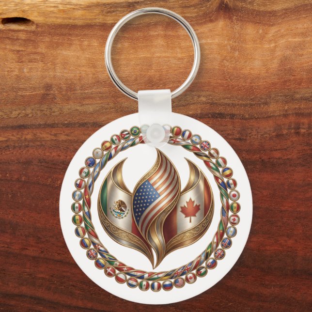 International Unity Flame with World Flags Emblem  Keychain (Front)