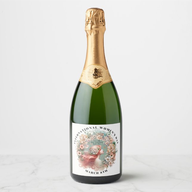 International Women's Day 8th March Feminine Sparkling Wine Label (Front)
