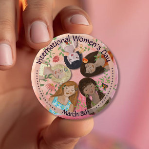 International Women's Day Pink Feminine Portraits Button