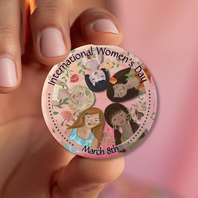 International Women's Day Pink Feminine Portraits Button (International Women's Day Pink Feminine Portraits Button)
