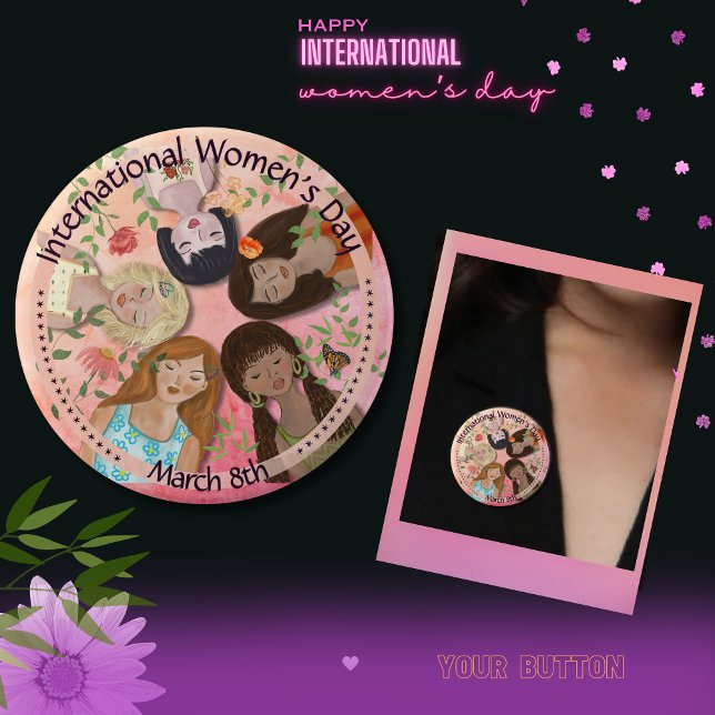 International Women's Day Pink Feminine Portraits Button (International Women's Day Pink Feminine Portraits Button)