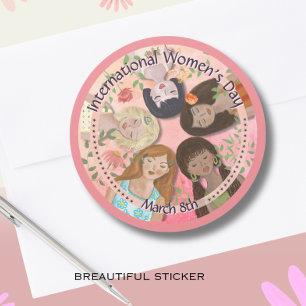 International Women's Day Pink Feminine Portraits Classic Round Sticker
