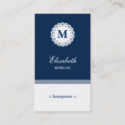 Interpreter Blue White Lace Monogram Business Card