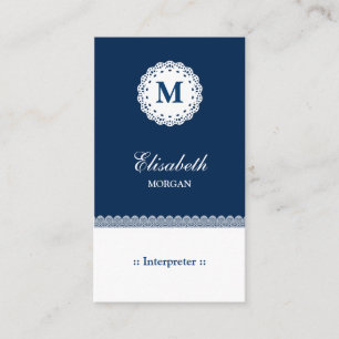 Interpreter Blue White Lace Monogram Business Card