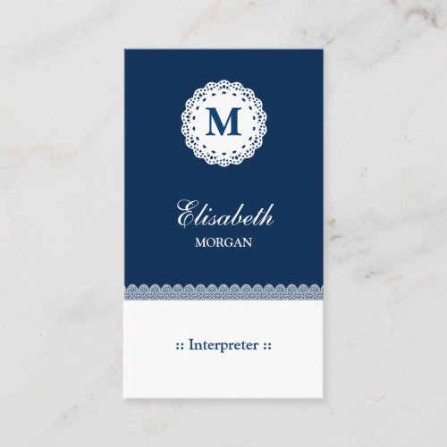 Interpreter Blue White Lace Monogram Business Card