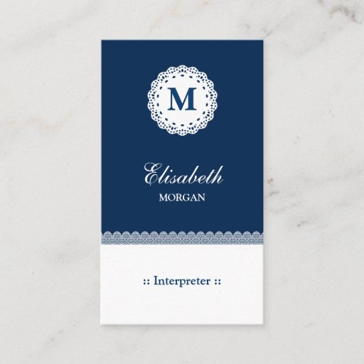 Customizable Interpreter Blue White Lace Monogram Business Card