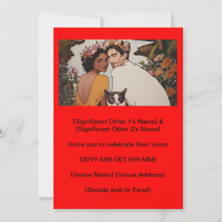 Interracial couple floral wedding art with cat invitation