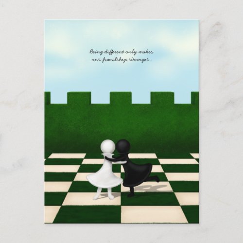 Interracial Friendship Cute Pawns Hug Personalized Announcement Postcard