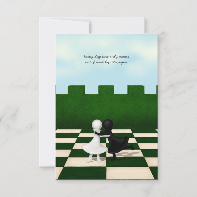 Interracial Friendship Cute Pawns Hug Personalized RSVP Card (Front)