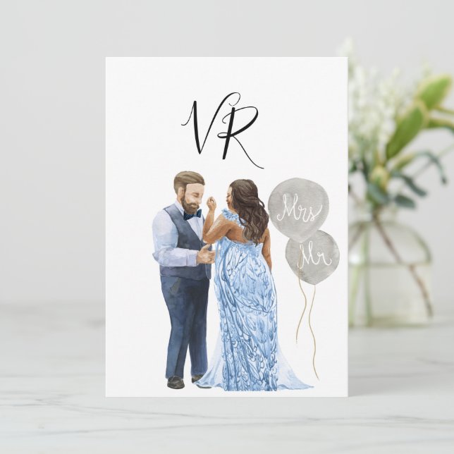 Interracial Illustrated Couple Save The Date (Standing Front)