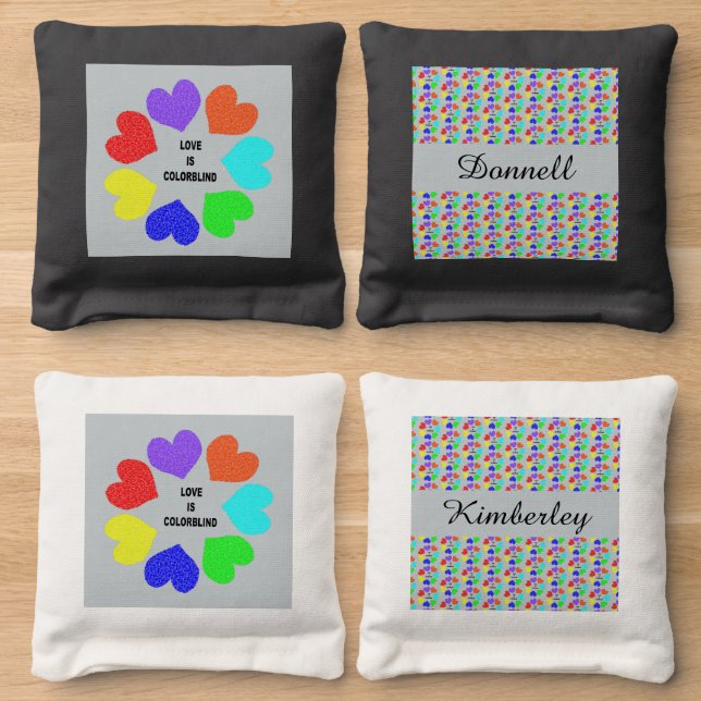 Interracial Love Rainbow Hearts Custom Cornhole Bags (Wood)