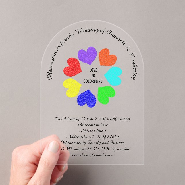 Interracial Love Rainbow Hearts Custom Wedding Acrylic Invitations (Insitu (Handheld))