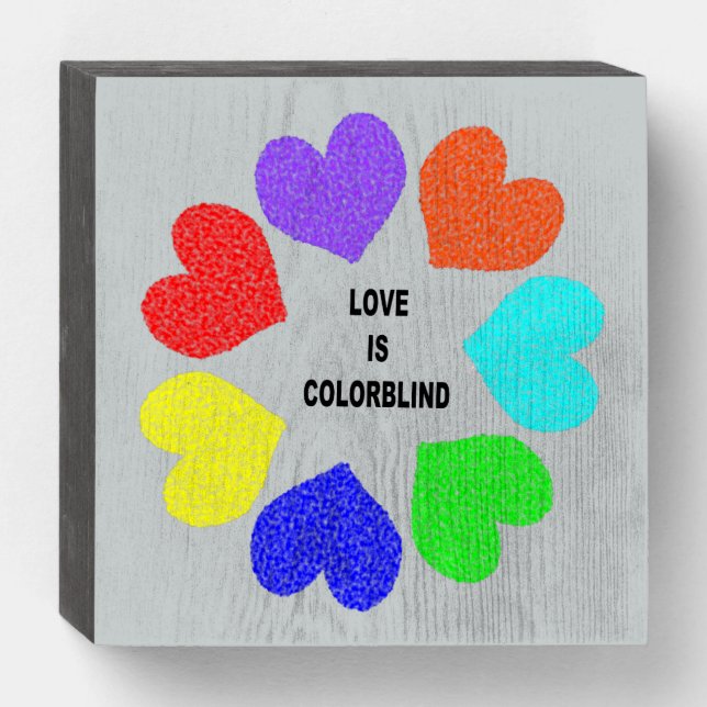 Interracial Love Rainbow Hearts Wooden Box Sign (Front Horizontal)