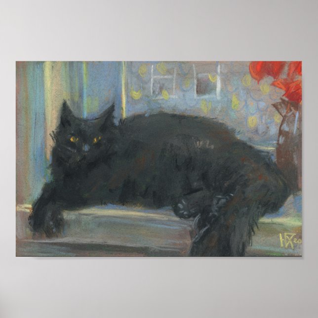 Interrupted Nap, Black Cat Impressionism Painting  Poster (Front)