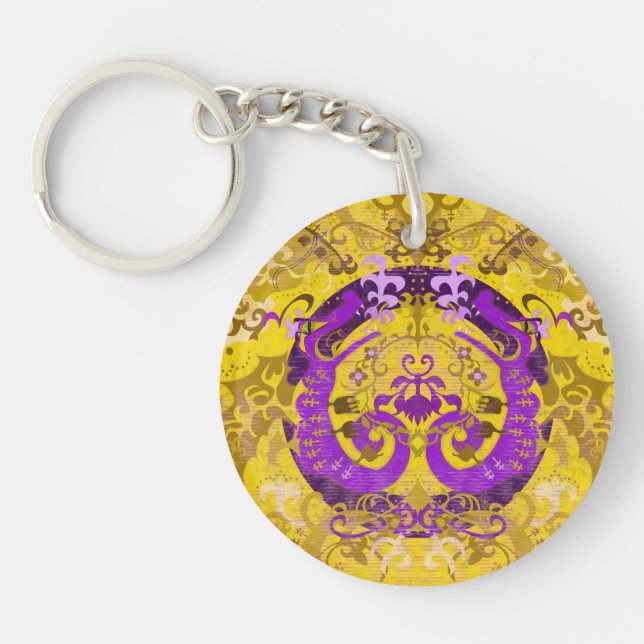 Intersex Pride Flag Colors Dragon Damask Keychain (Front)