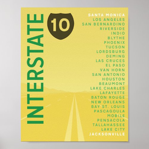 Interstate 10 I_10 Poster Yellow