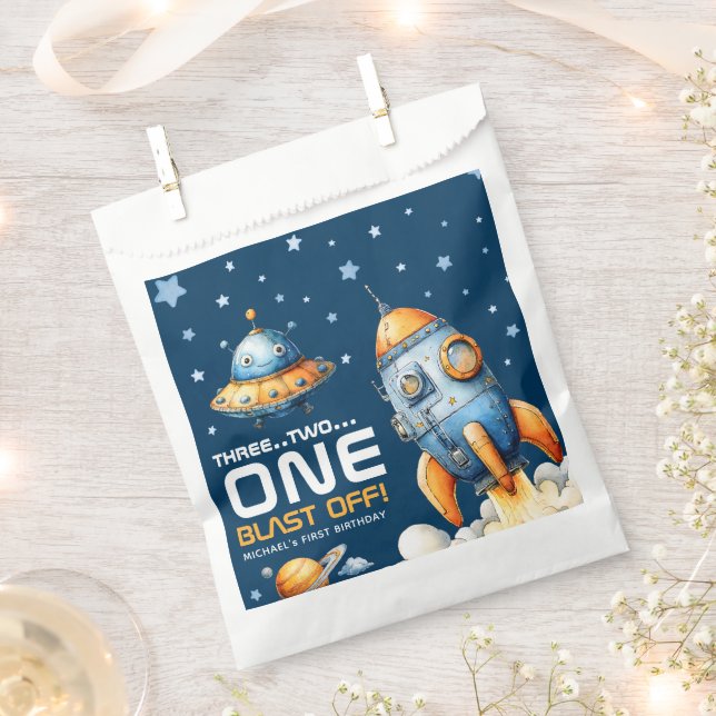 Interstellar Rocket Launch Blast Off 1st Birthday Favor Bag (Clipped)