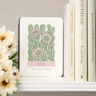 Intertwined cactus linocut sage green blooming kindle cover