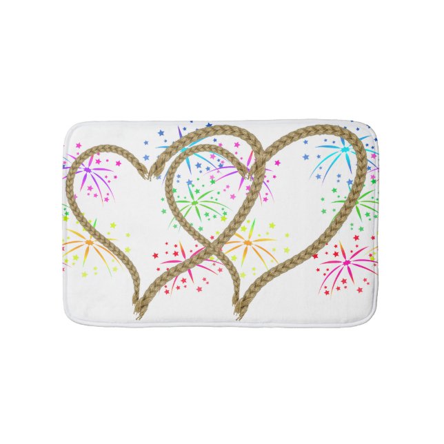 Intertwined hearts tangled rope romantic fireworks bath mat (Front)