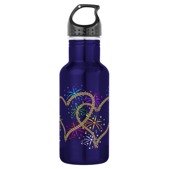 Intertwined hearts tangled rope romantic fireworks water bottle (Front)