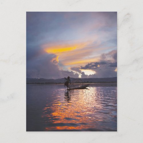 Intha fisherman leg rowing boat fishing with net postcard