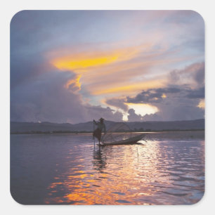 Intha fisherman leg rowing boat fishing with net square sticker