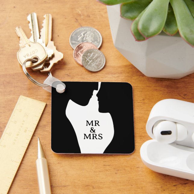 Intimate couple kissing silhouette Mr and Mrs Keychain (Desk)