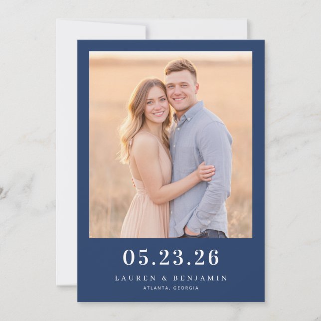 Intimate Navy Minimalist Photo Save The Date (Front)