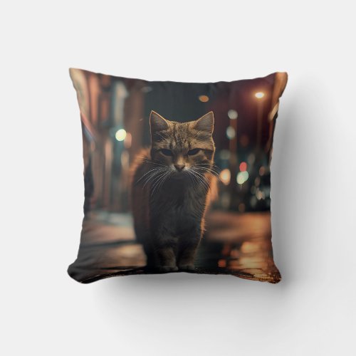 Intimidating Cat in the City at Night Throw Pillow