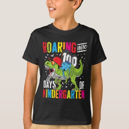 Into 100 Days Kindergarten Fun T Rex Dinosaur Boy  T_Shirt