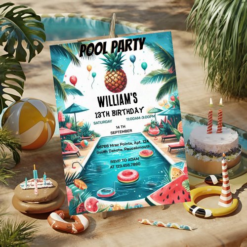 into boy water blue Cool Pool Party 13th Birthday Invitation