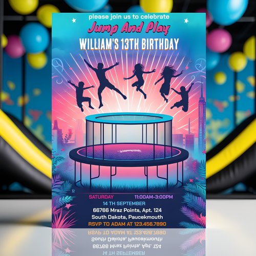 into boys kids cool trampoline Park 13th birthday Invitation
