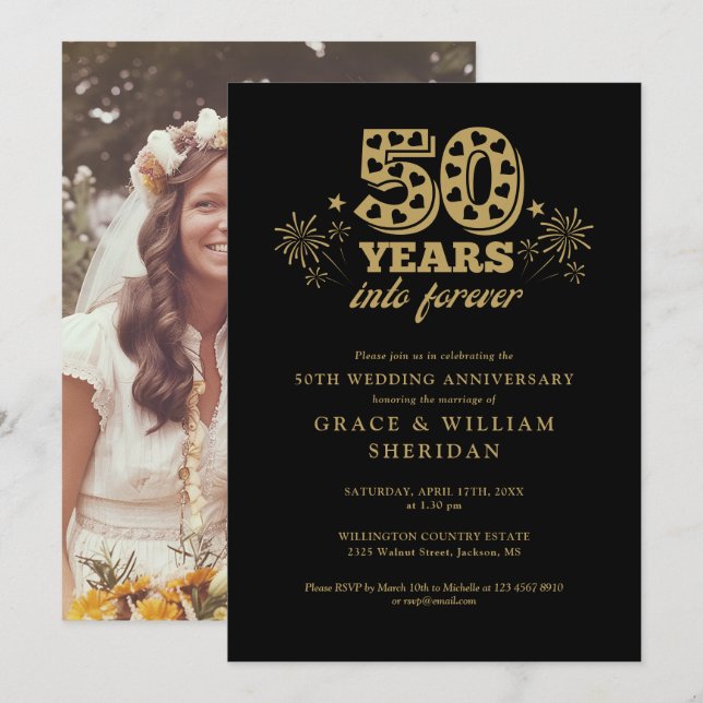 Into Forever Gold Black 50th Anniversary Photo Invitation (Front/Back)