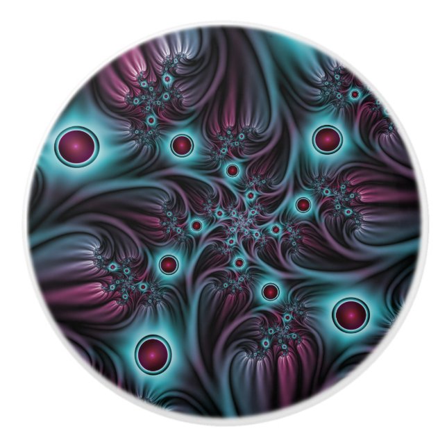 Into the Depth Blue Pink Abstract Fractal Art Ceramic Knob (Front)