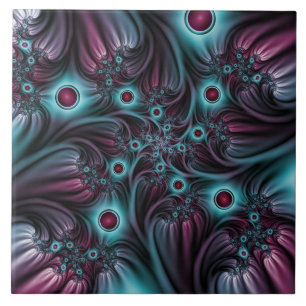 Into the Depth Blue Pink Abstract Fractal Art Ceramic Tile