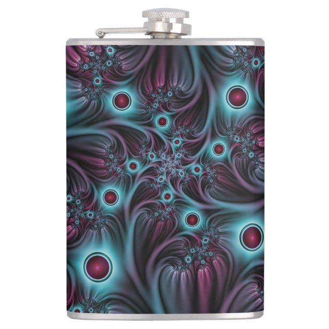 Into the Depth Blue Pink Abstract Fractal Art Flask (Front)